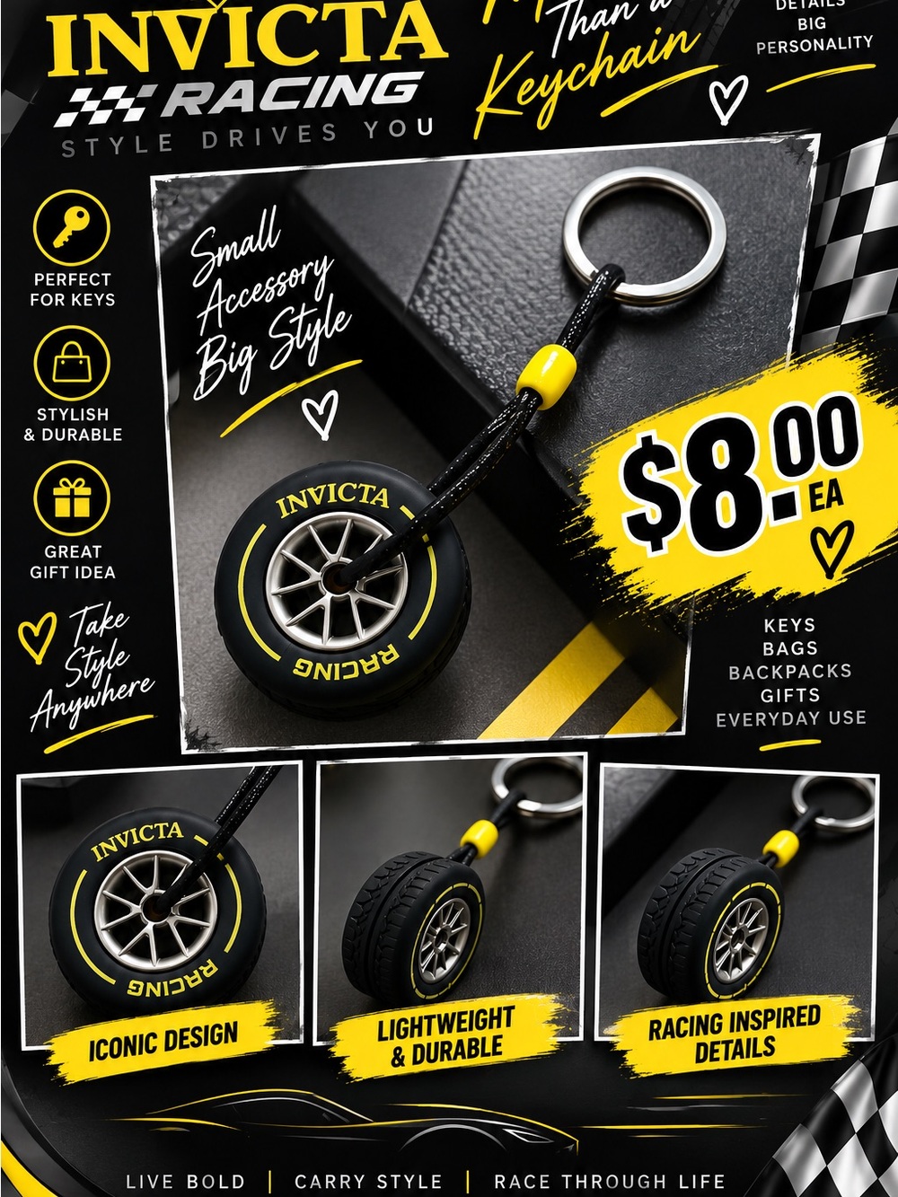 Racing Black and Yellow Tire Keyring